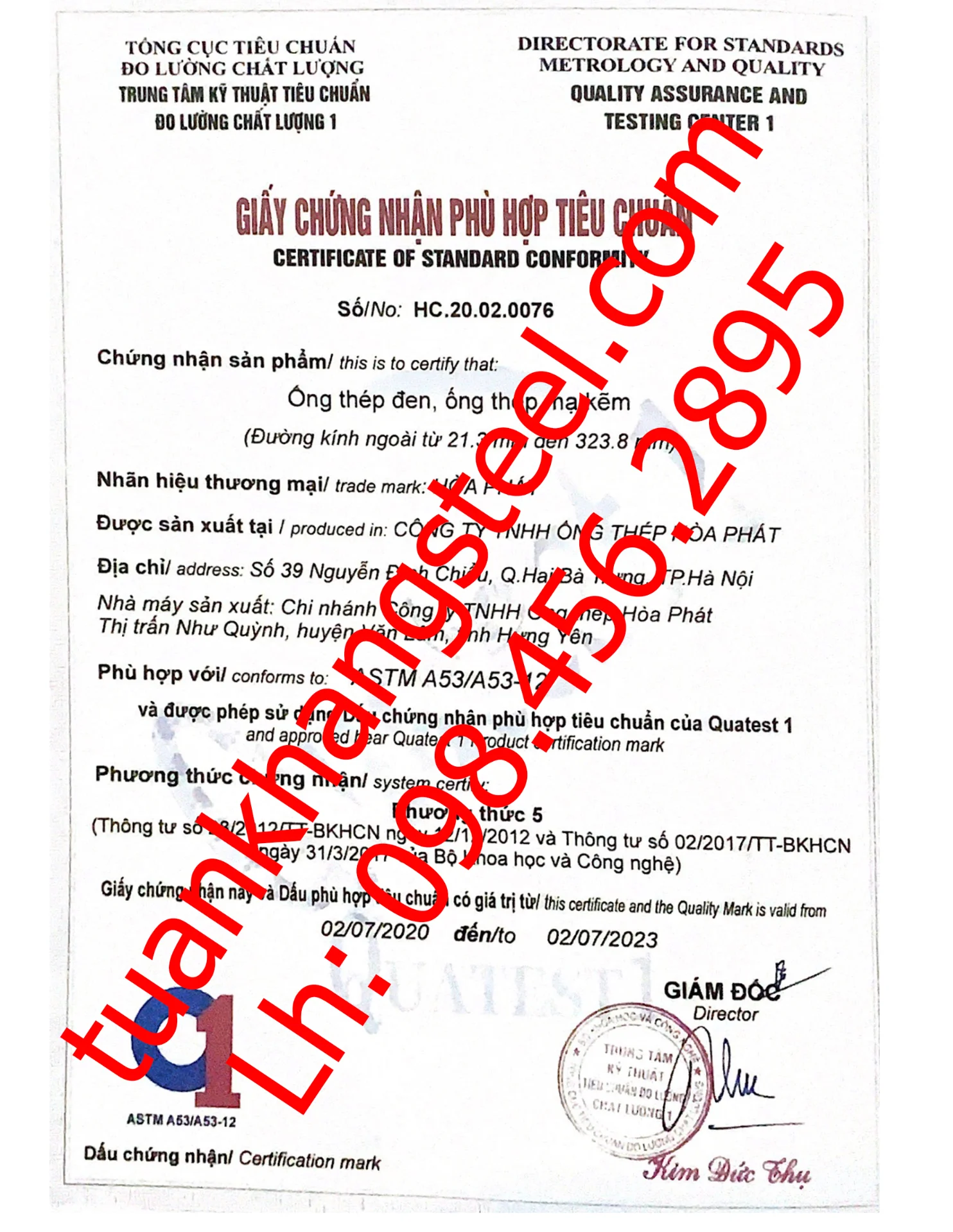 Chứng nhận phù hợp tiêu chuẩn Ống thép Hòa Phát