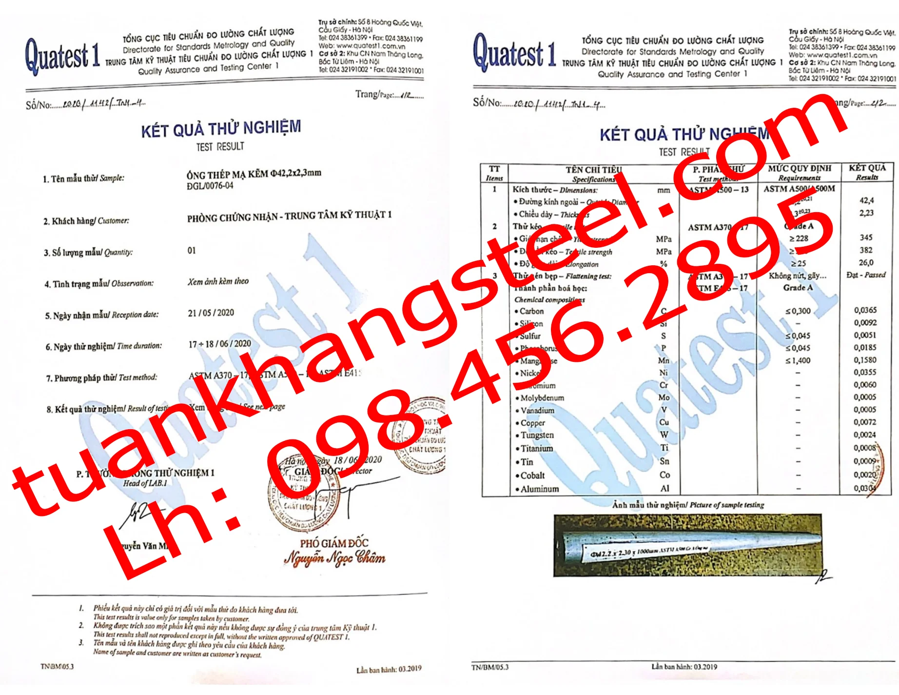 Kết quả thử nhiệm Trung tâm kỹ thuật tiêu chuẩn đo lường chất lượng của Ống thép Hòa Phát
