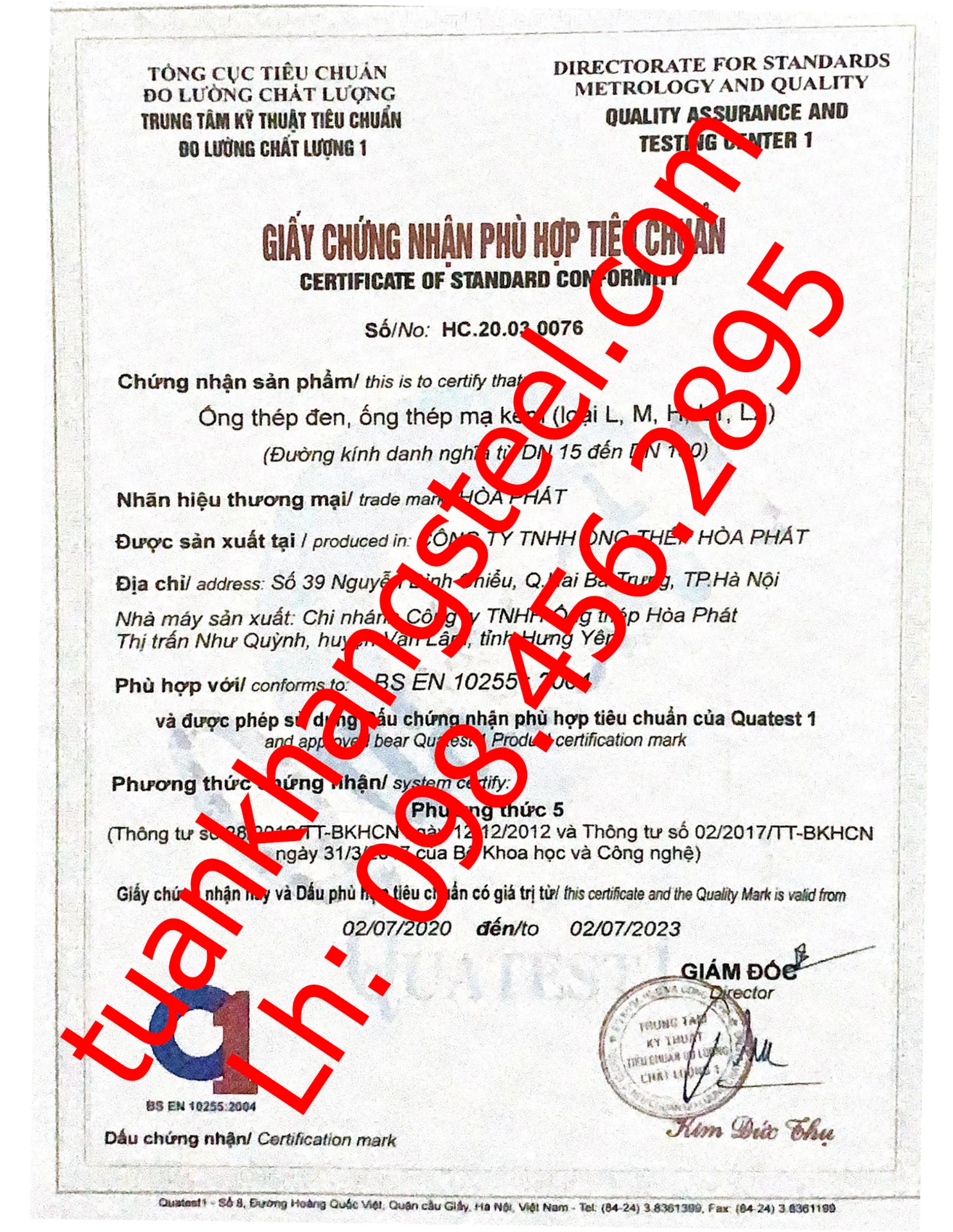 Chứng nhận phù hợp tiêu chuẩn Ống thép Hòa Phát