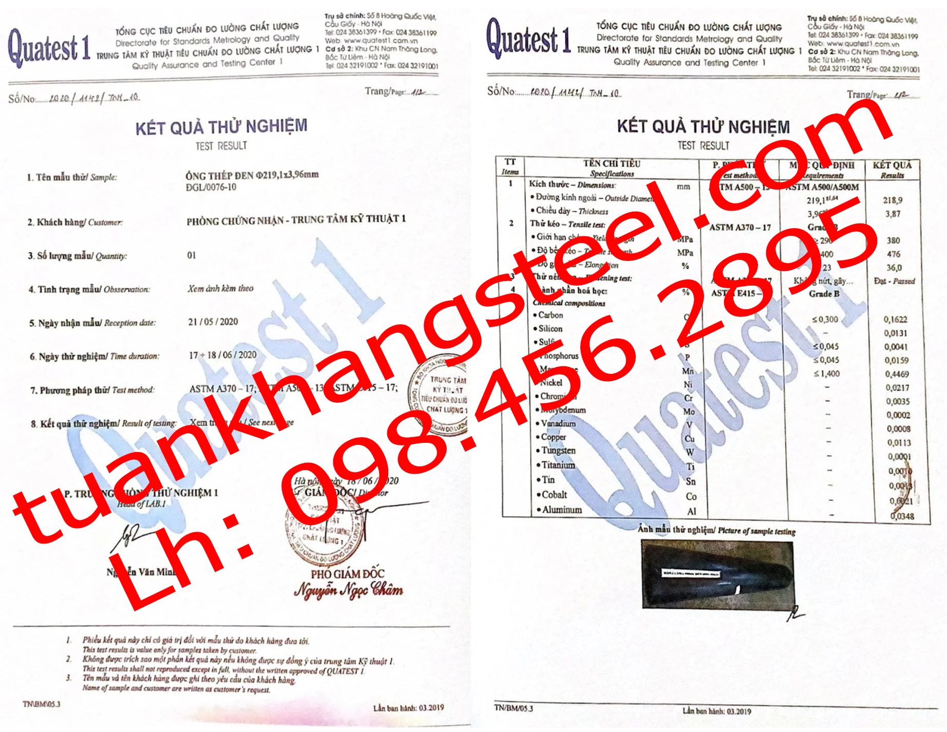 Kết quả thử nhiệm Trung tâm kỹ thuật tiêu chuẩn đo lường chất lượng của Ống thép Hòa Phát