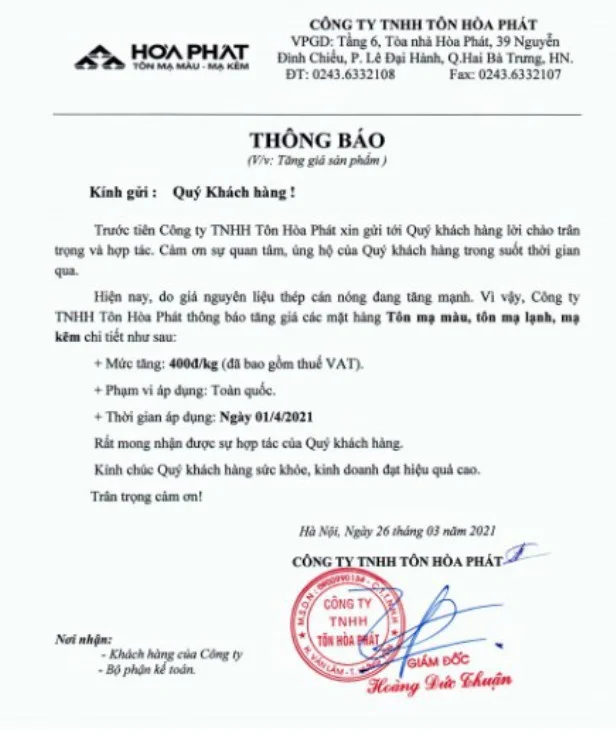 Giá tôn mạ màu, mạ lạnh và mạ kẽm của Hoà Phát sẽ tăng thêm 400đ/kg