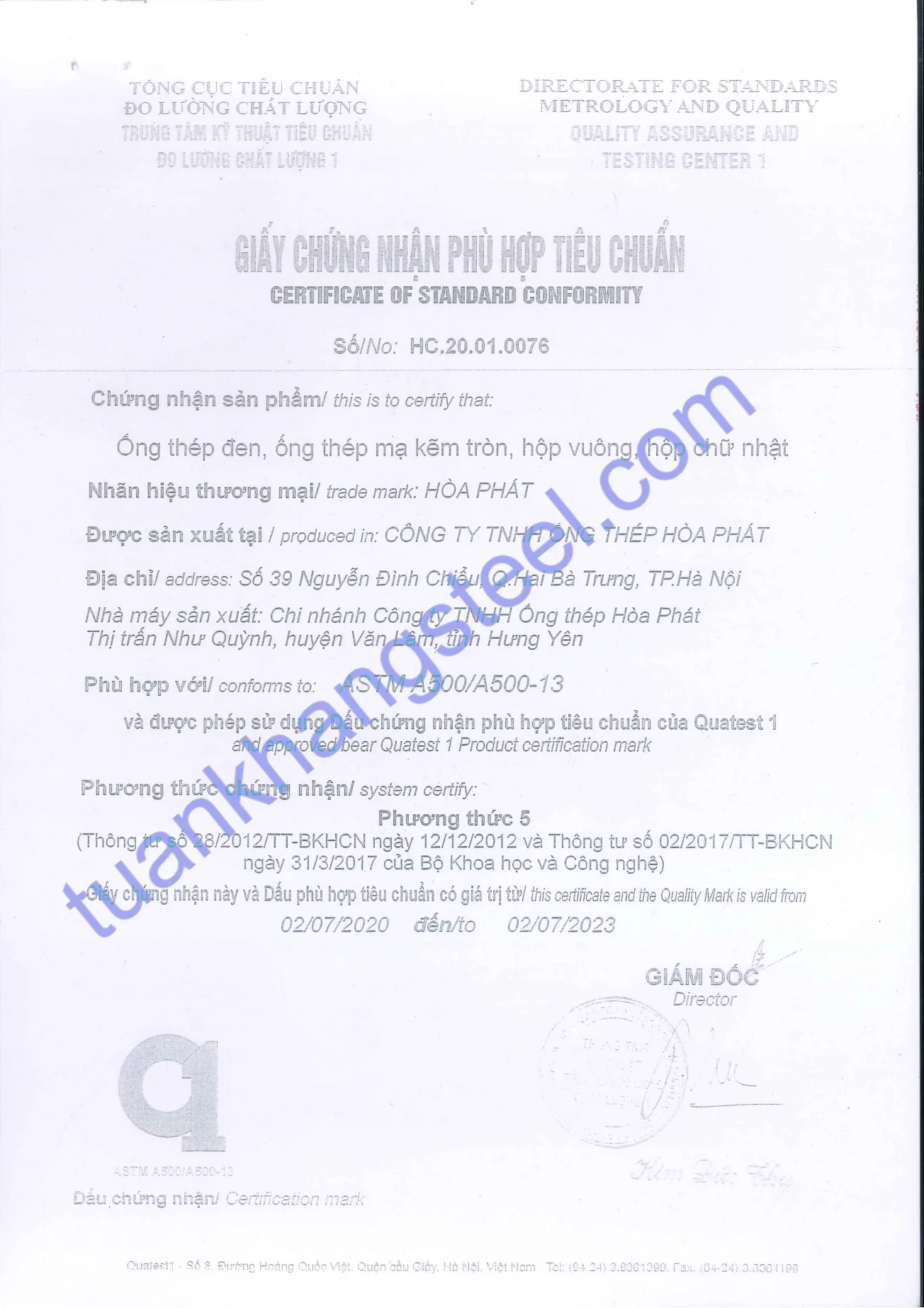 Chứng chỉ hợp quy Ống thép Hoà Phát