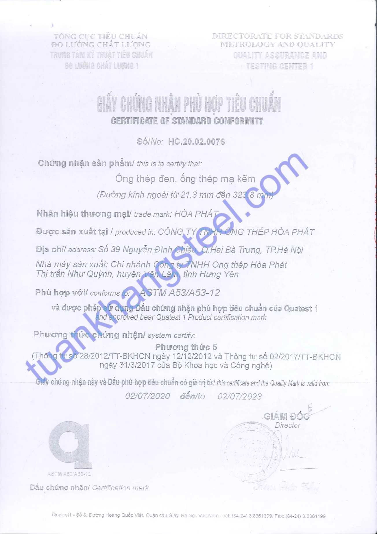 Chứng chỉ hợp quy Ống thép Hoà Phát