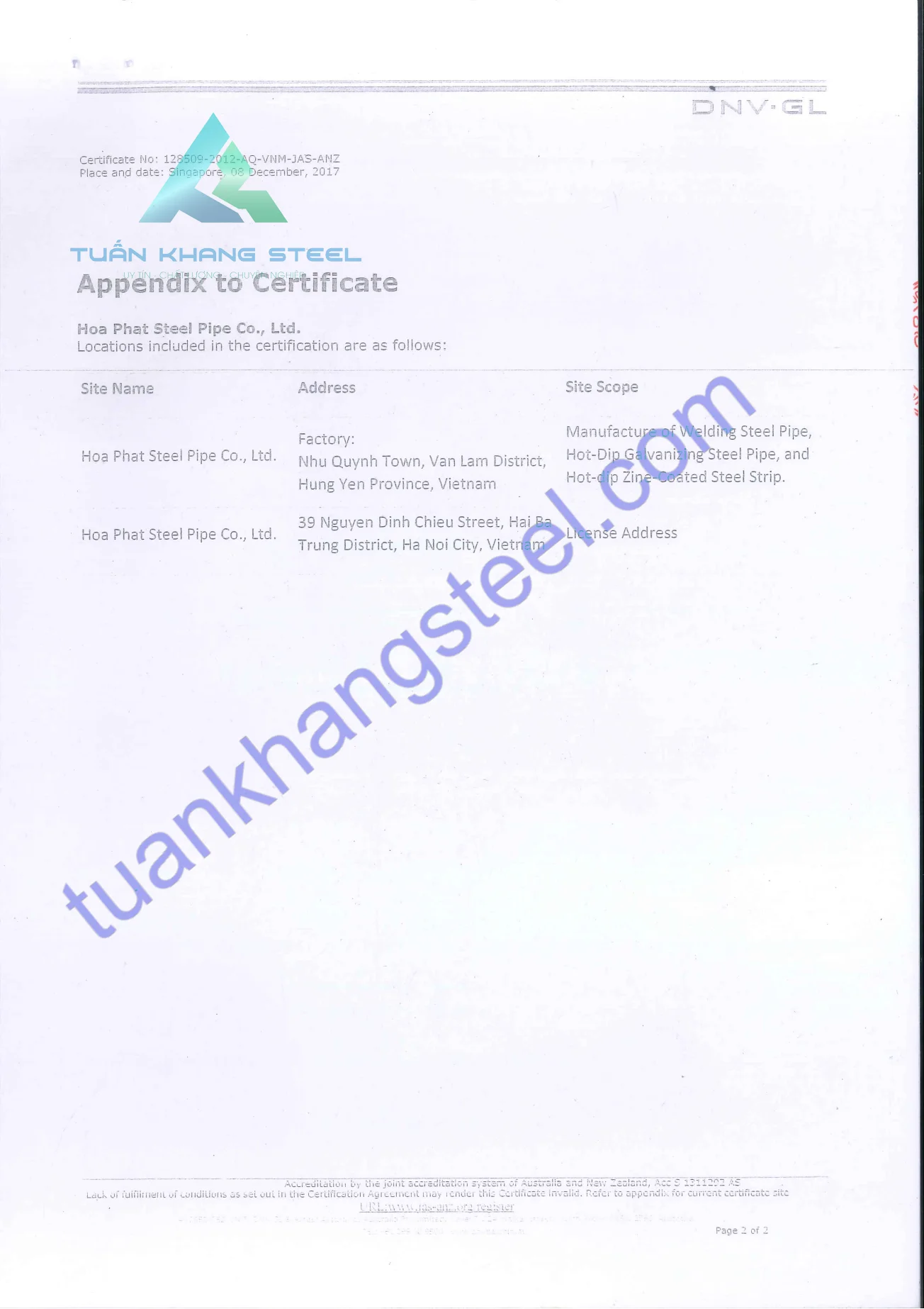 Chứng chỉ hợp quy Ống thép Hoà Phát