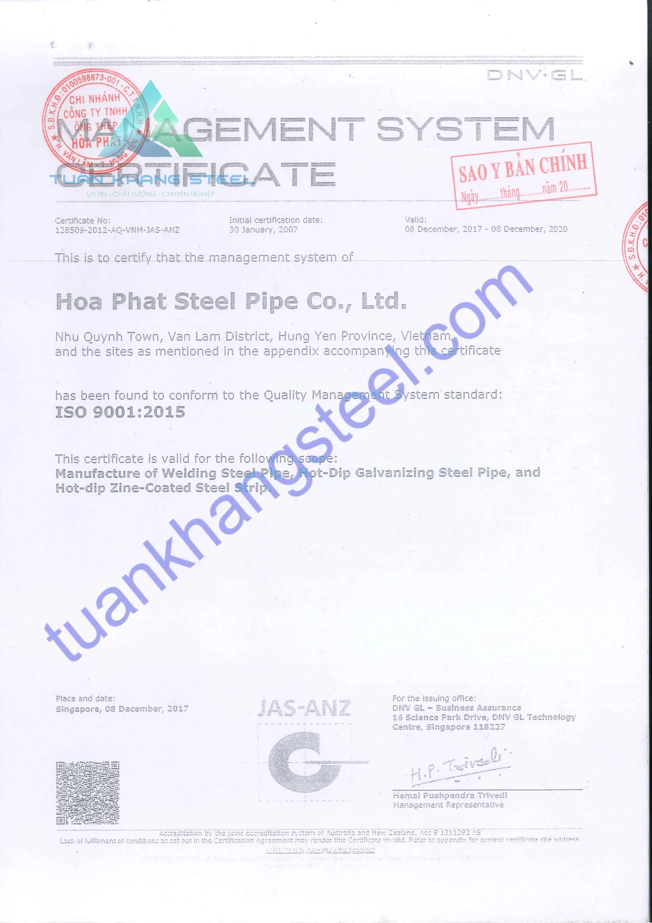Chứng chỉ hợp quy Ống thép Hoà Phát
