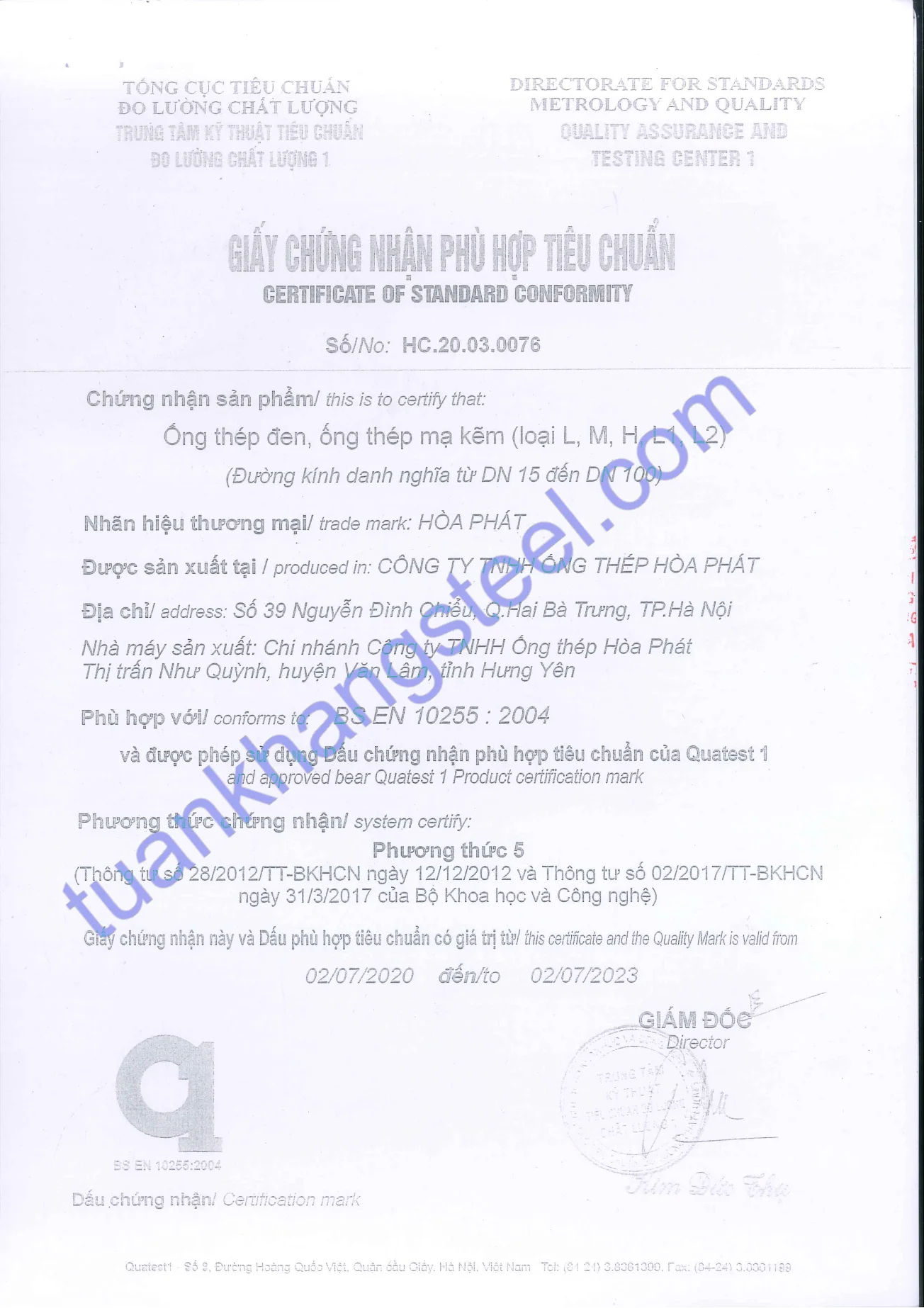 Chứng chỉ hợp quy Ống thép Hoà Phát