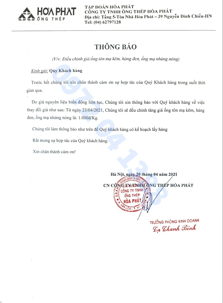 Công văn thông báo tăng giá Ống thép Hoà Phát Hưng Yên ngày 20 tháng 4 năm 2021