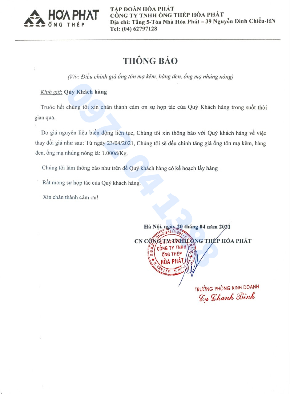 Công văn thông báo tăng giá Ống thép Hoà Phát Hưng Yên ngày 20 ...