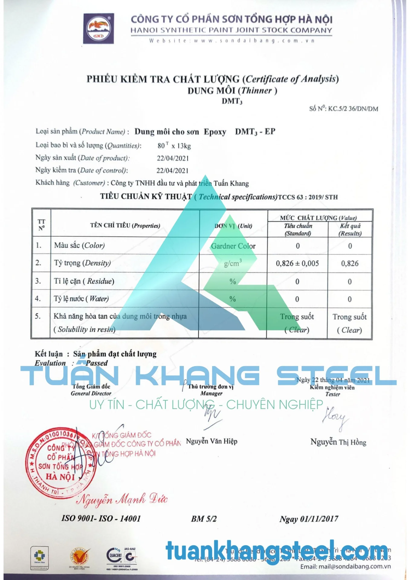 Chứng chỉ chất lượng Sơn Đỏ Epoxy, Sơn chống gỉ Epoxy, Dung môi pha sơn Epoxy Đại Bàng