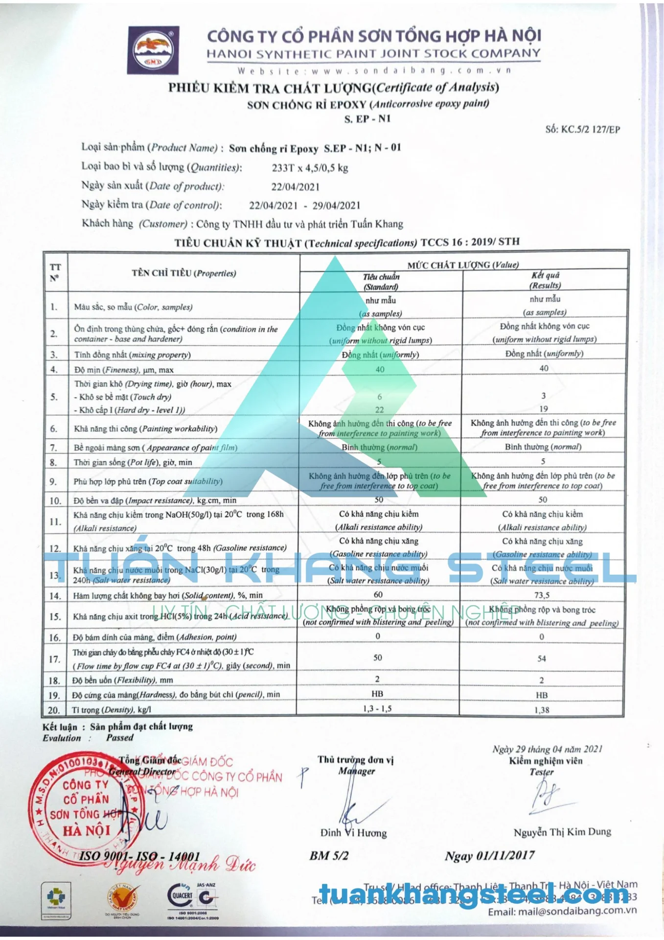 Chứng chỉ chất lượng Sơn Đỏ Epoxy, Sơn chống gỉ Epoxy, Dung môi pha sơn Epoxy Đại Bàng