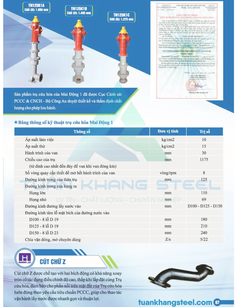 CATALOGUE Trụ cứu Hoả Mai Động | Trụ chữa cháy Mai Động 1 | Cút chữ Z Mai Động