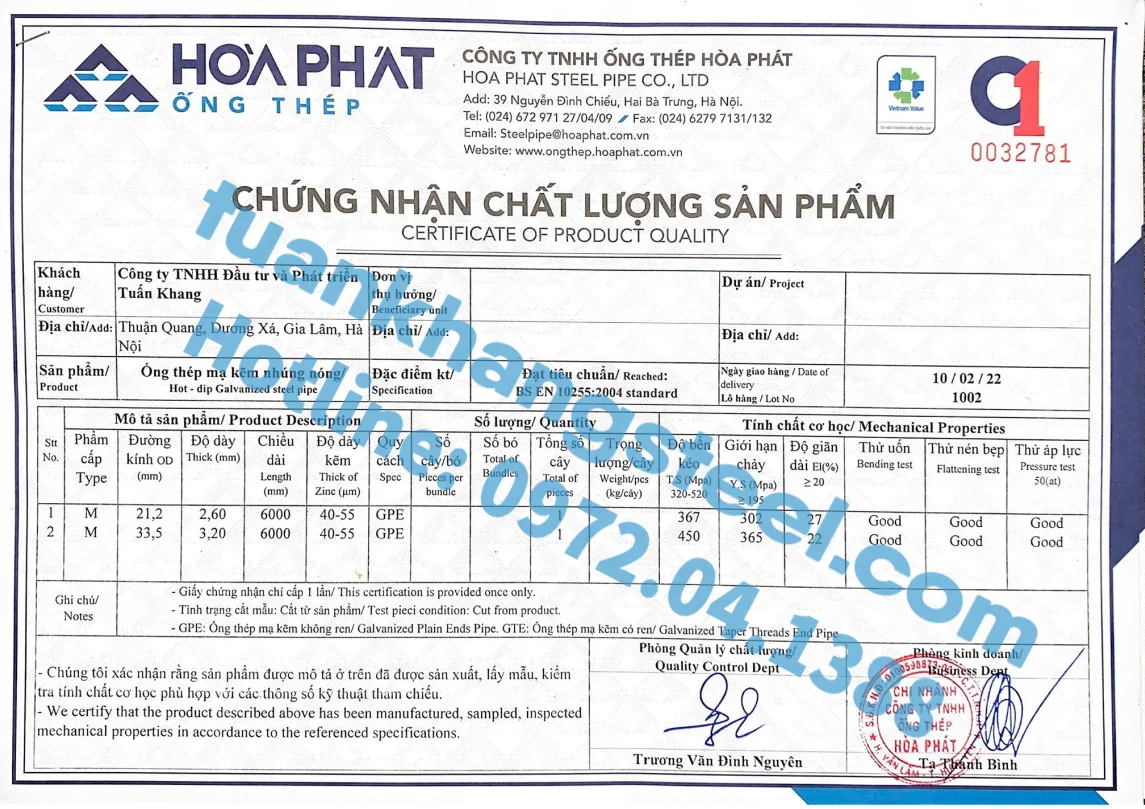 Chứng chỉ chất lượng Ống thép Hoà Phát | Tải chứng chỉ chất lượng Ống thép Hoà Phát