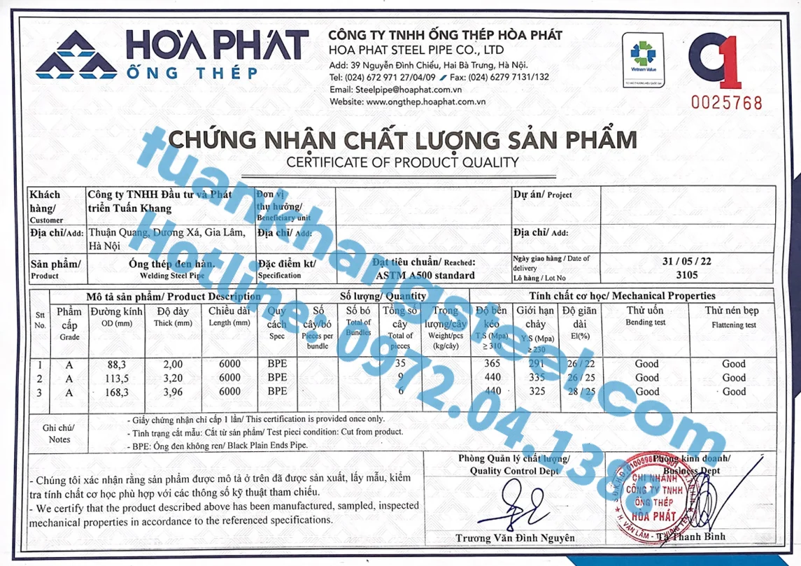 Chứng chỉ chất lượng Ống thép Hoà Phát | Tải chứng chỉ chất lượng Ống thép Hoà Phát