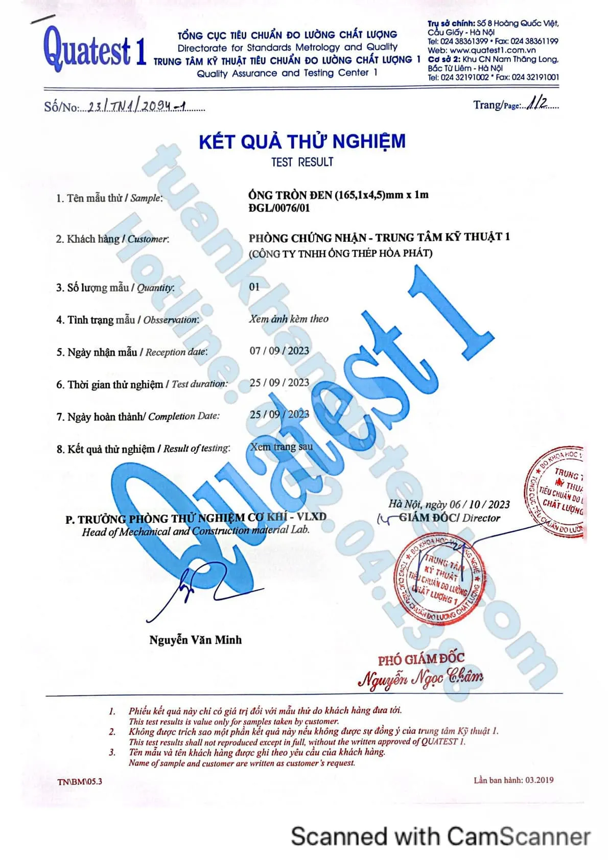 Hợp chuẩn hợp quy 2024 + Kết quả thí nhiệm Ống thép Hoà Phát