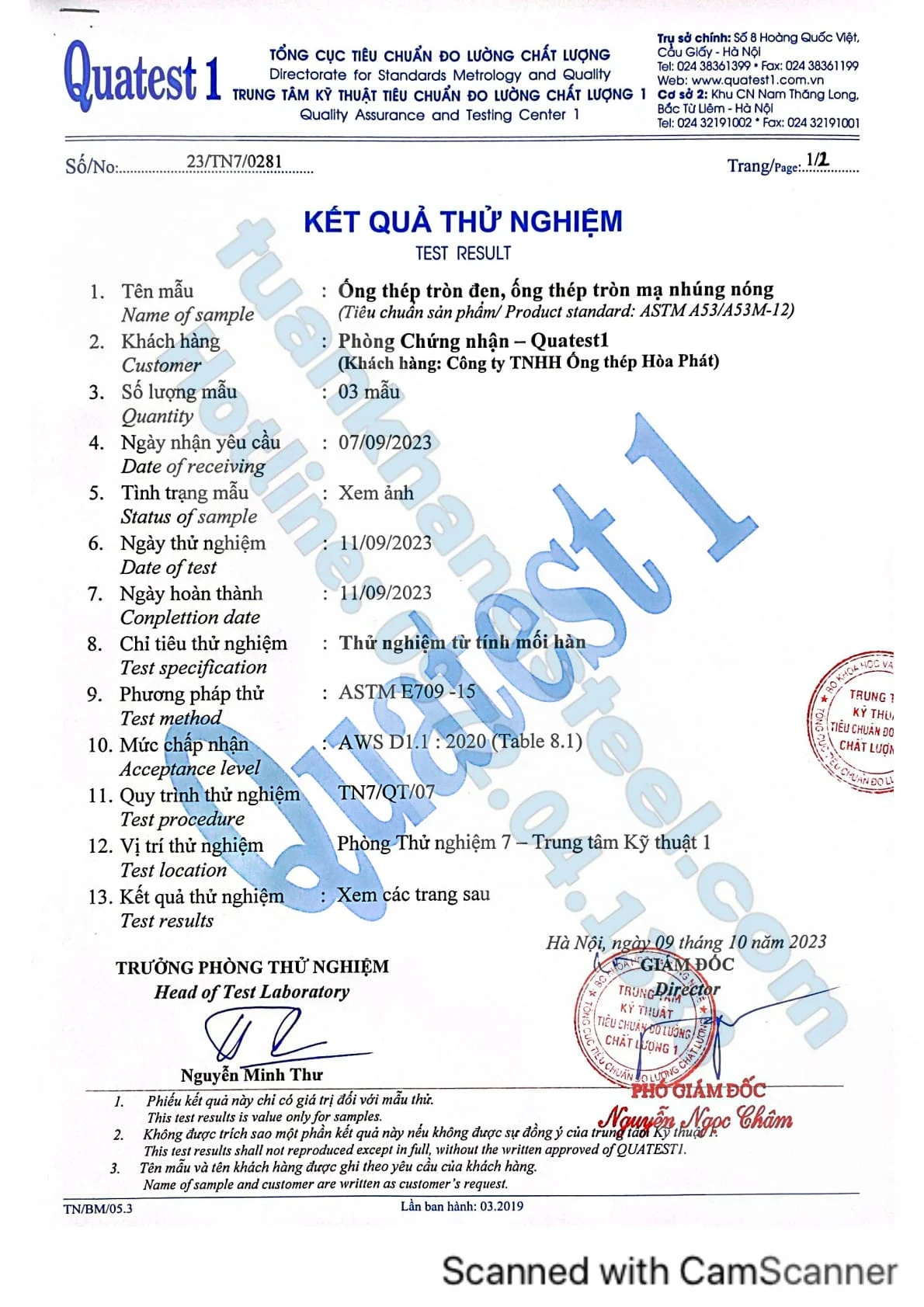 Hợp chuẩn hợp quy 2024 + Kết quả thí nhiệm Ống thép Hoà Phát