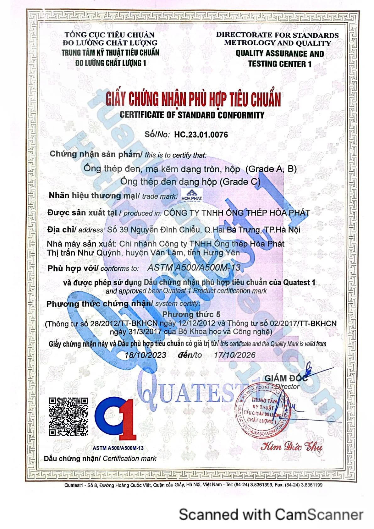 Hợp chuẩn hợp quy 2024 + Kết quả thí nhiệm Ống thép Hoà Phát