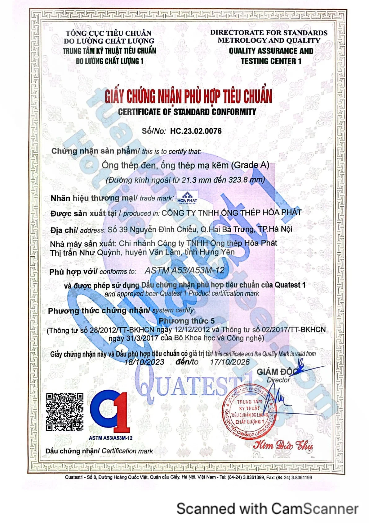 Hợp chuẩn hợp quy 2024 + Kết quả thí nhiệm Ống thép Hoà Phát