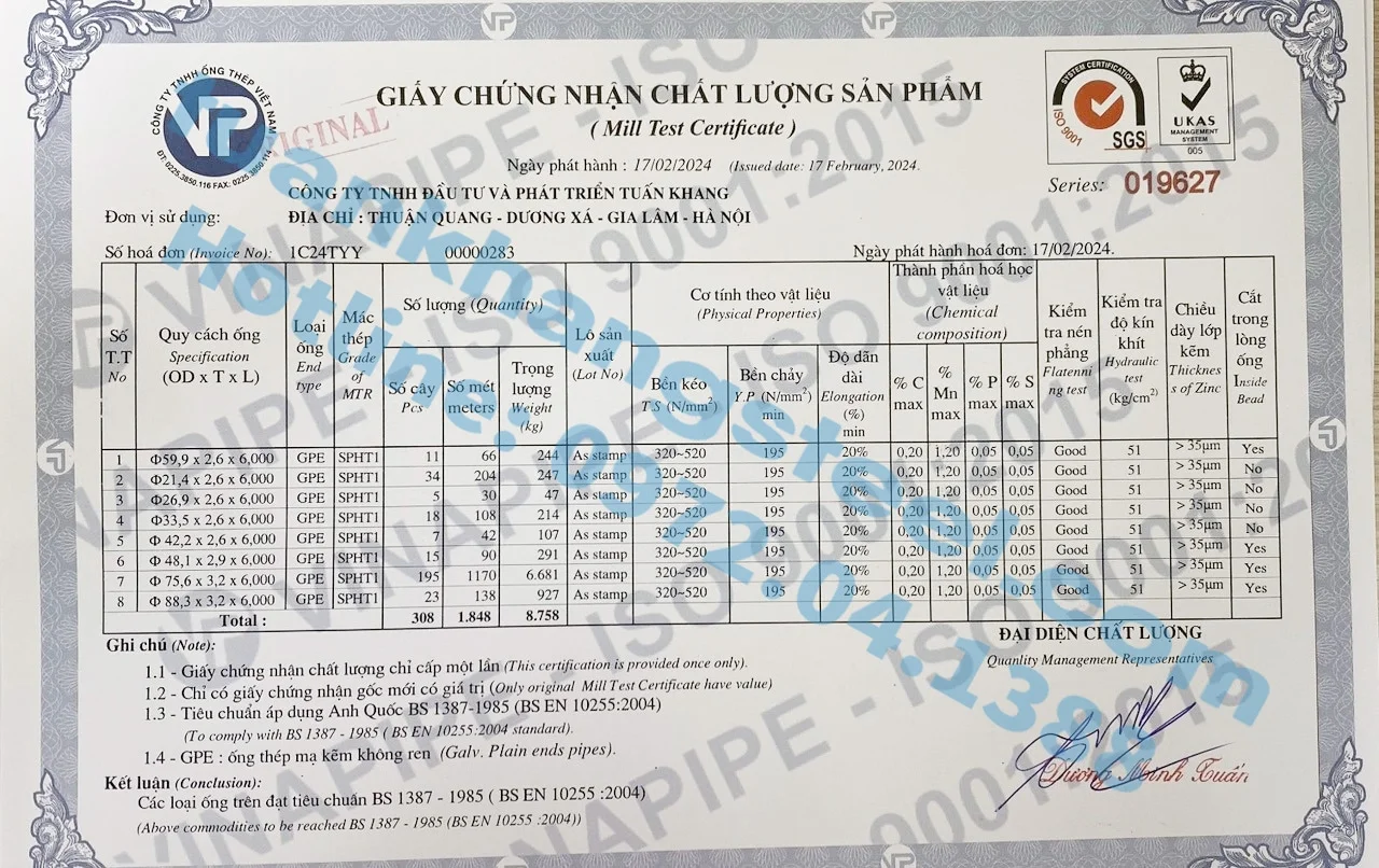 Chứng nhận chất lượng – Chứng chỉ xuất xưởng Ống thép Vinapipe | Certificate Of Product Quality Vinapipe