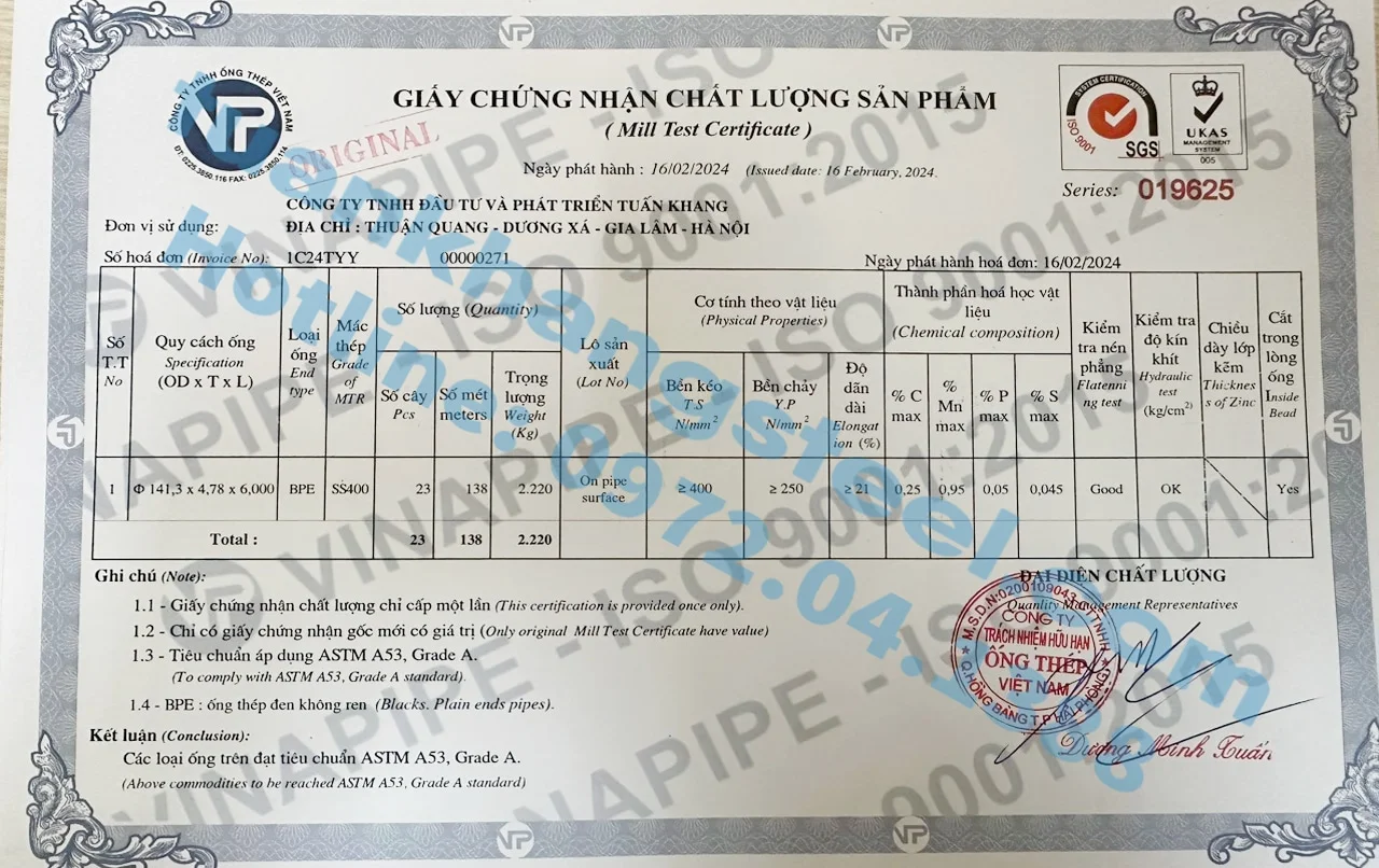 Chứng nhận chất lượng – Chứng chỉ xuất xưởng Ống thép Vinapipe | Certificate Of Product Quality Vinapipe