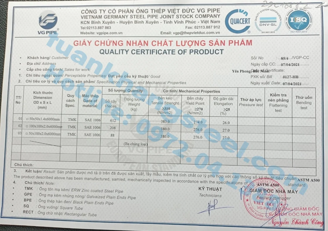 Chứng nhận chất lượng – Chứng chỉ xuất xưởng Ống thép, Hộp kẽm Việt Đức | Certificate Of Product Quality Viet Duc Pipe (VGS)