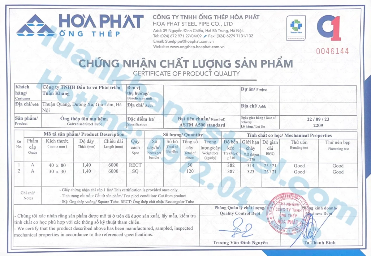 Chứng nhận chất lượng – Chứng chỉ xuất xưởng Ống thép, Hộp kẽm Hoà Phát | Certificate Of Product Quality Hoa Phat Pipe (HPG)