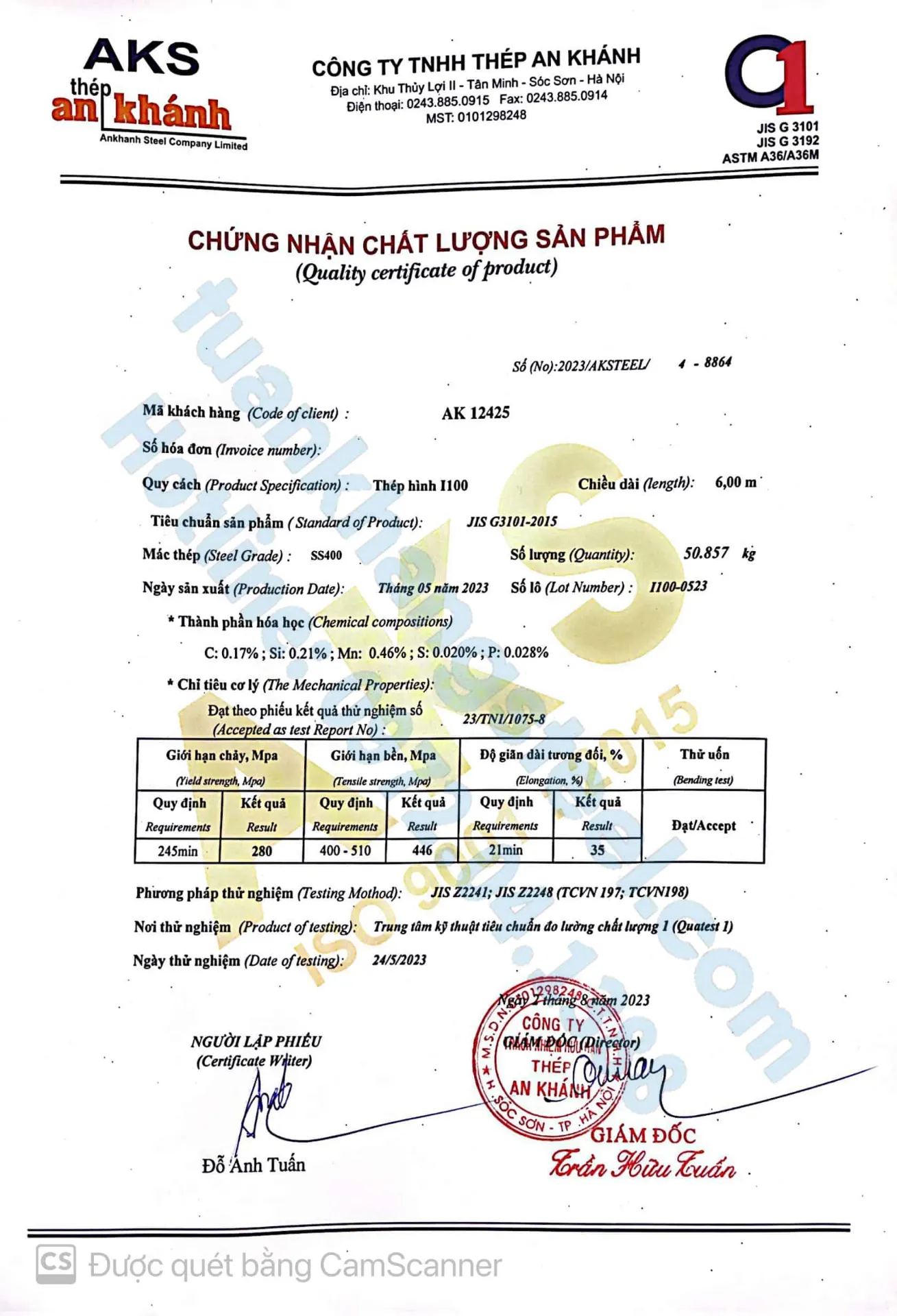 Chứng nhận chất lượng – Chứng chỉ xuất xưởng Thép hình An Khánh | Certificate Of Product Quality An Khanh steel (AKS)