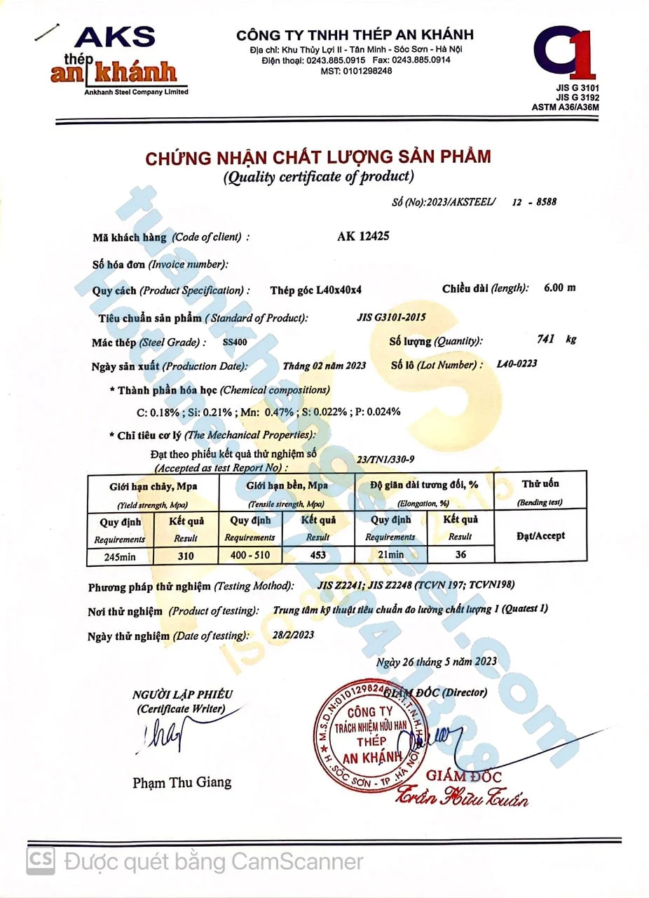 Chứng nhận chất lượng – Chứng chỉ xuất xưởng Thép hình An Khánh | Certificate Of Product Quality An Khanh steel (AKS)