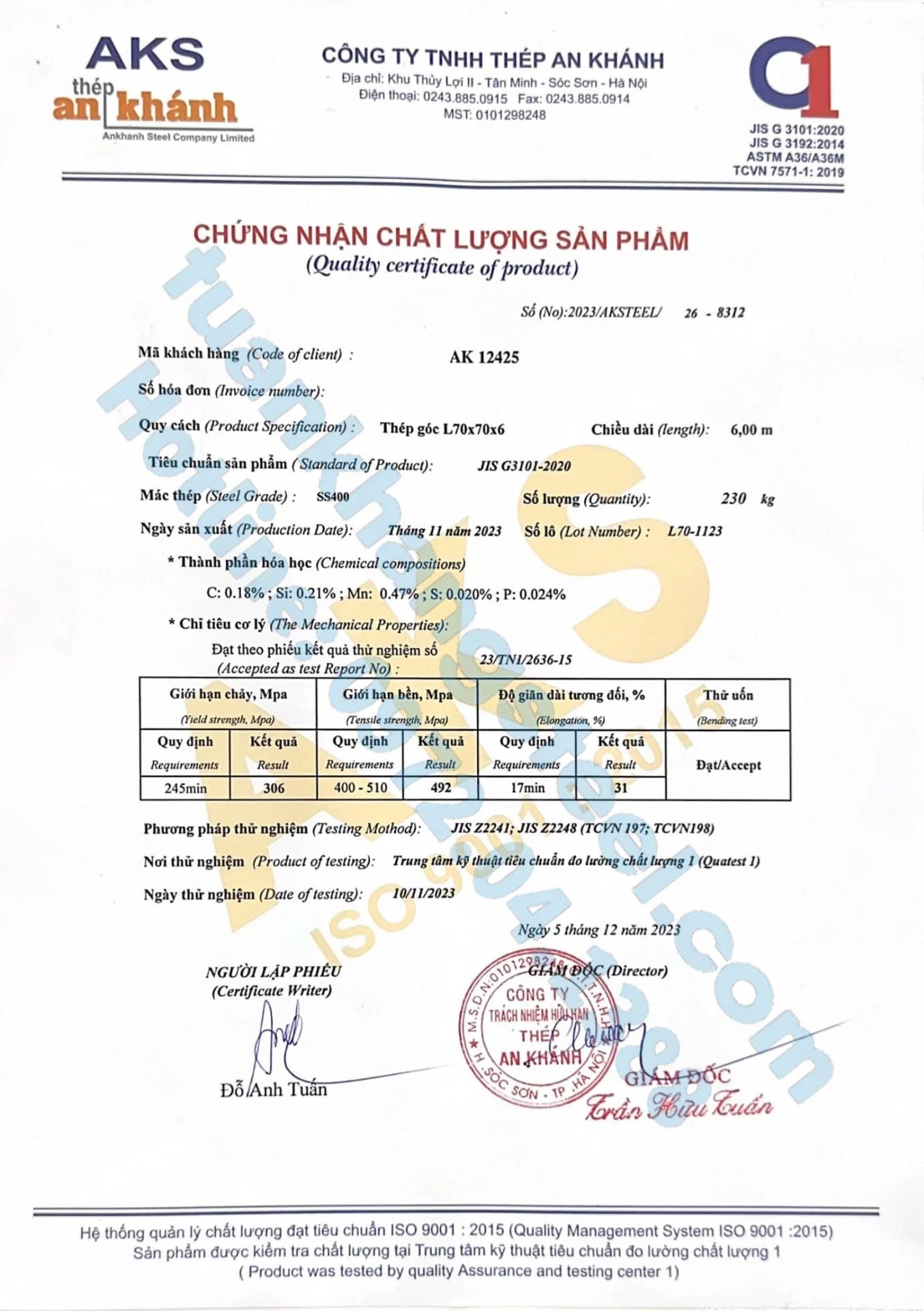 Chứng nhận chất lượng – Chứng chỉ xuất xưởng Thép hình An Khánh | Certificate Of Product Quality An Khanh steel (AKS)