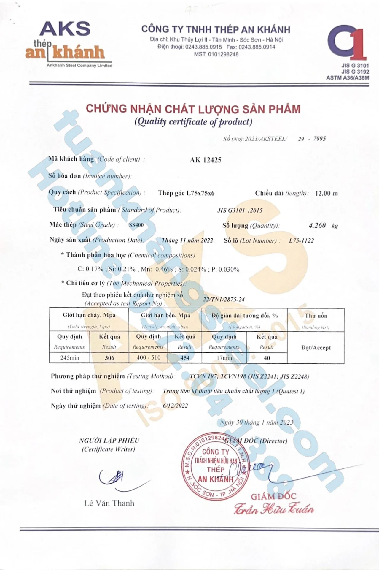 Chứng nhận chất lượng – Chứng chỉ xuất xưởng Thép hình An Khánh | Certificate Of Product Quality An Khanh steel (AKS)