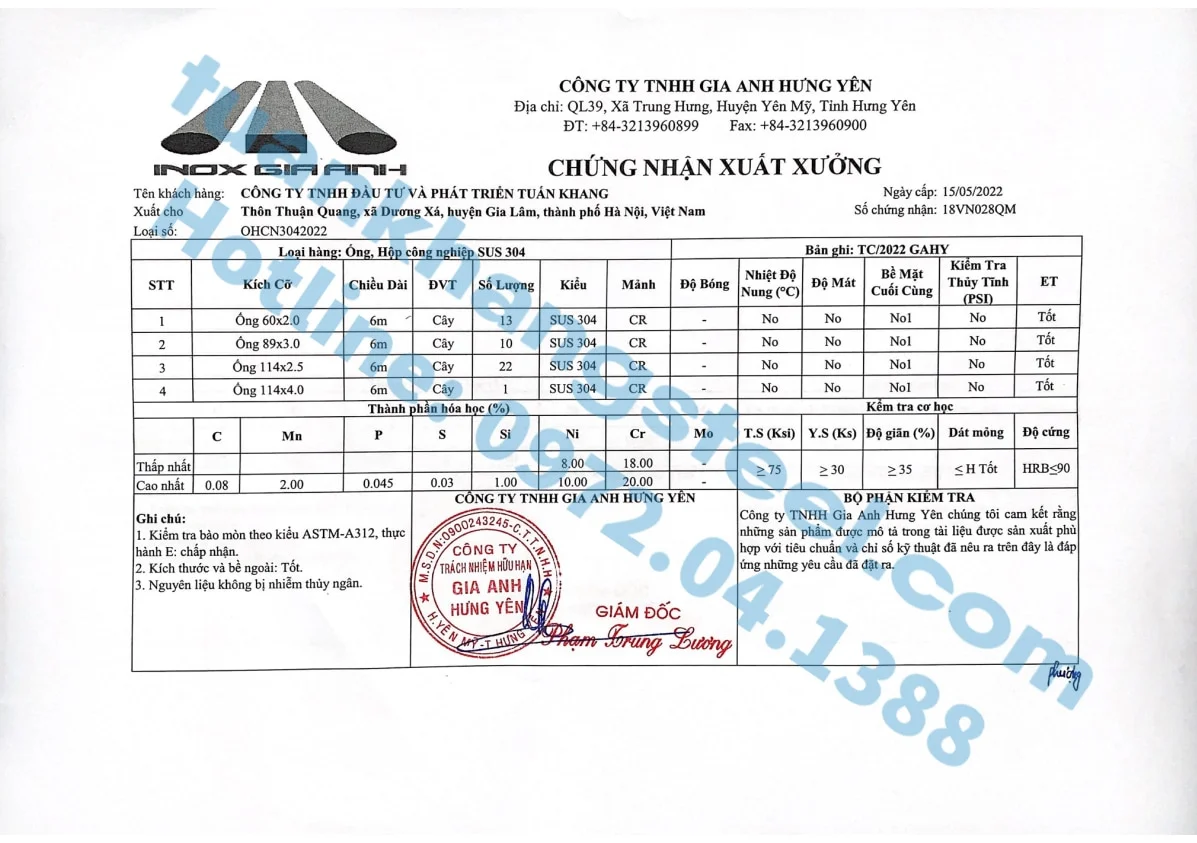 Chứng nhận chất lượng – Chứng chỉ xuất xưởng Ống INOX Gia Anh | Certificate Of Product Quality Gia Anh