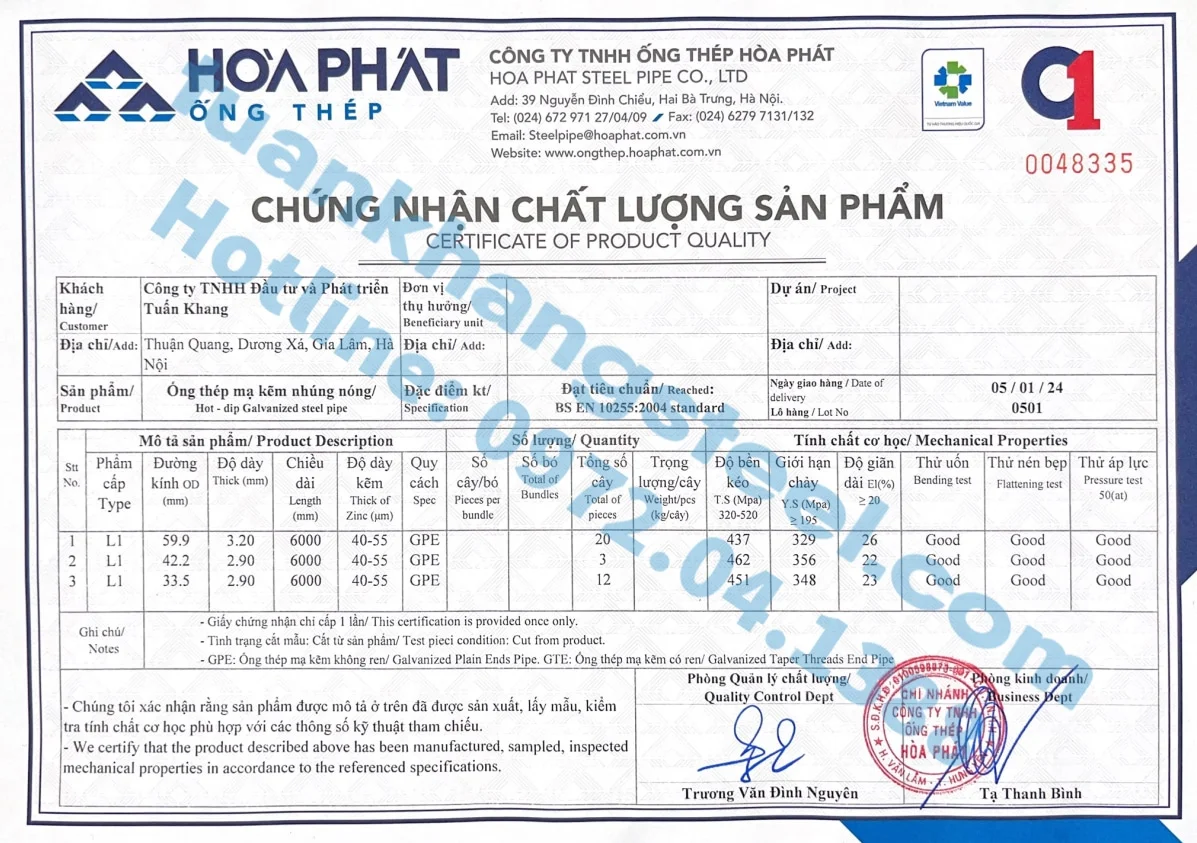 Chứng nhận chất lượng – Chứng chỉ xuất xưởng Ống thép, Hộp kẽm Hoà Phát | Certificate Of Product Quality Hoa Phat Pipe (HPG)