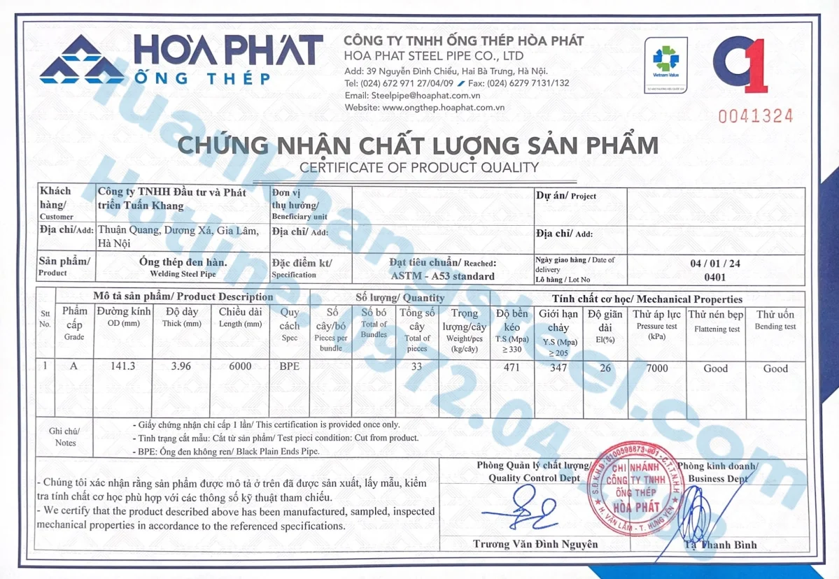 Chứng nhận chất lượng – Chứng chỉ xuất xưởng Ống thép, Hộp kẽm Hoà Phát | Certificate Of Product Quality Hoa Phat Pipe (HPG)