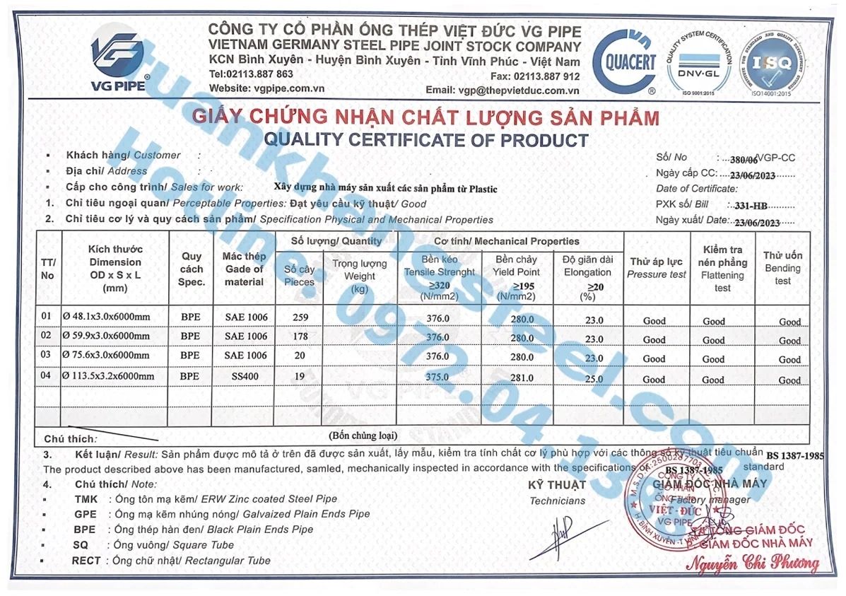 Chứng nhận chất lượng – Chứng chỉ xuất xưởng Ống thép, Hộp kẽm Việt Đức | Certificate Of Product Quality Viet Duc Pipe (VGS)