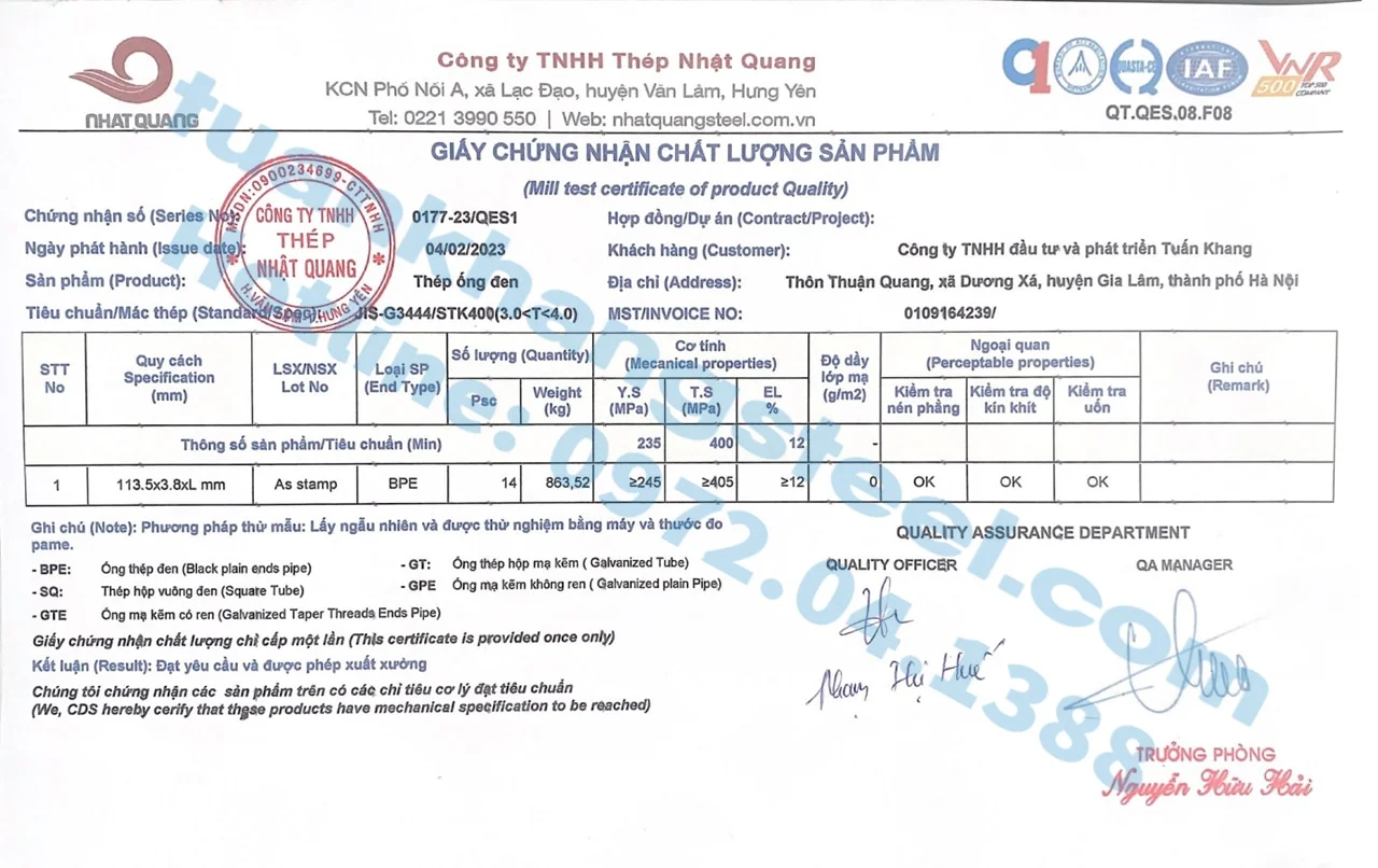 Chứng nhận chất lượng – Chứng chỉ xuất xưởng Ống thép, Hộp thép Nhật Quang | Certificate Of Product Quality SeAH