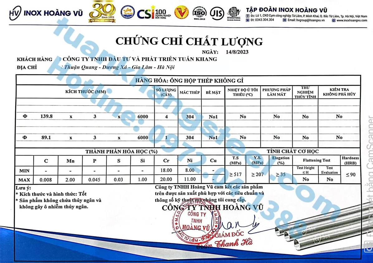 Chứng nhận chất lượng – Chứng chỉ xuất xưởng Ống INOX Hoàng Vũ | Certificate Of Product Quality Hoang Vu