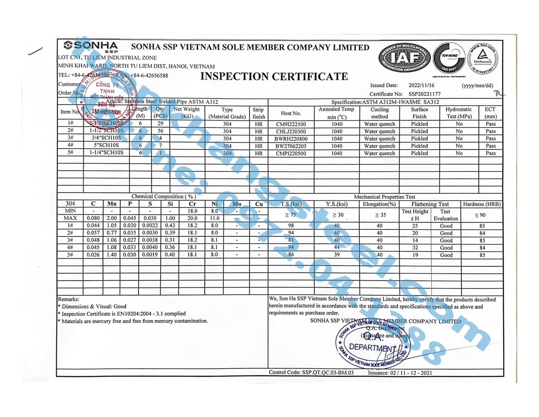 Chứng nhận chất lượng – Chứng chỉ xuất xưởng Ống INOX Sơn Hà | Certificate Of Product Quality Son Ha (SHI)