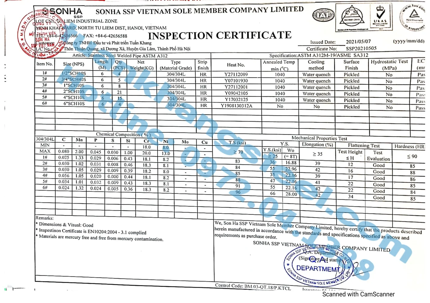Chứng nhận chất lượng – Chứng chỉ xuất xưởng Ống INOX Sơn Hà | Certificate Of Product Quality Son Ha (SHI)