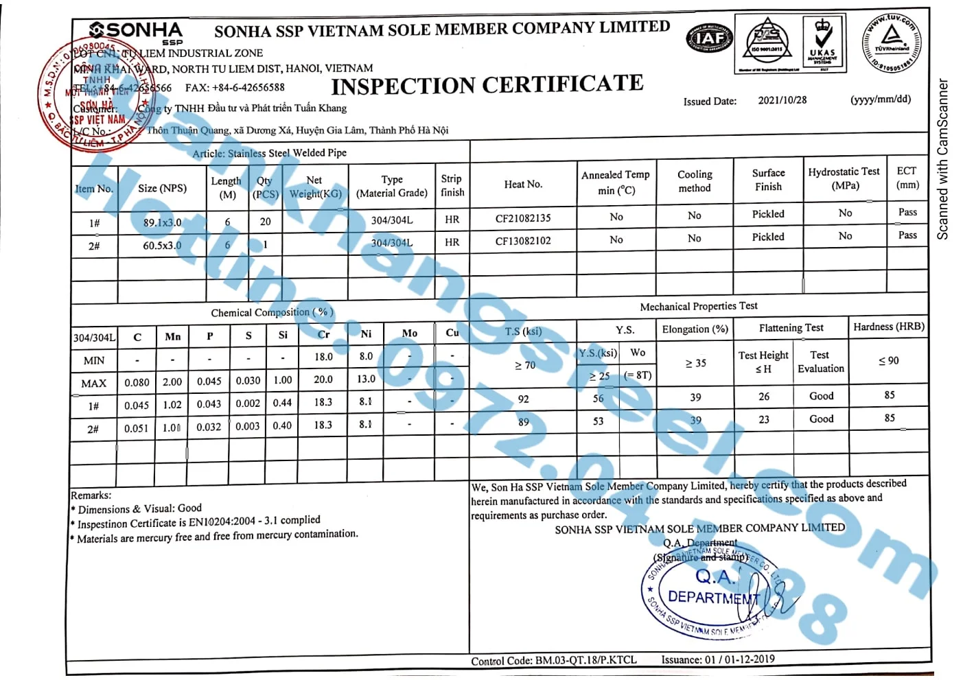 Chứng nhận chất lượng – Chứng chỉ xuất xưởng Ống INOX Sơn Hà | Certificate Of Product Quality Son Ha (SHI)