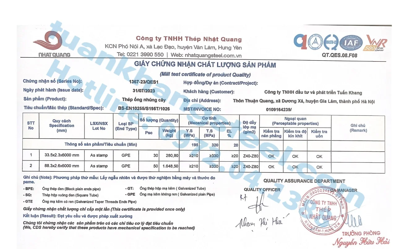 Chứng nhận chất lượng – Chứng chỉ xuất xưởng Ống thép, Hộp thép Nhật Quang | Certificate Of Product Quality SeAH