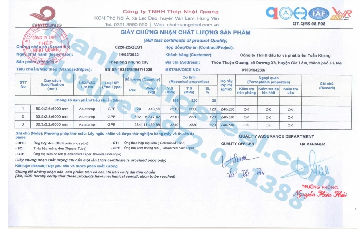 Chứng nhận chất lượng – Chứng chỉ xuất xưởng Ống thép, Hộp thép Nhật Quang | Certificate Of Product Quality SeAH