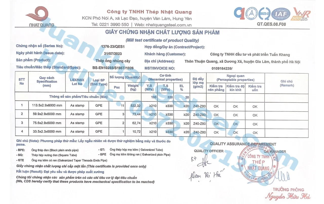 Chứng nhận chất lượng – Chứng chỉ xuất xưởng Ống thép, Hộp thép Nhật Quang | Certificate Of Product Quality SeAH