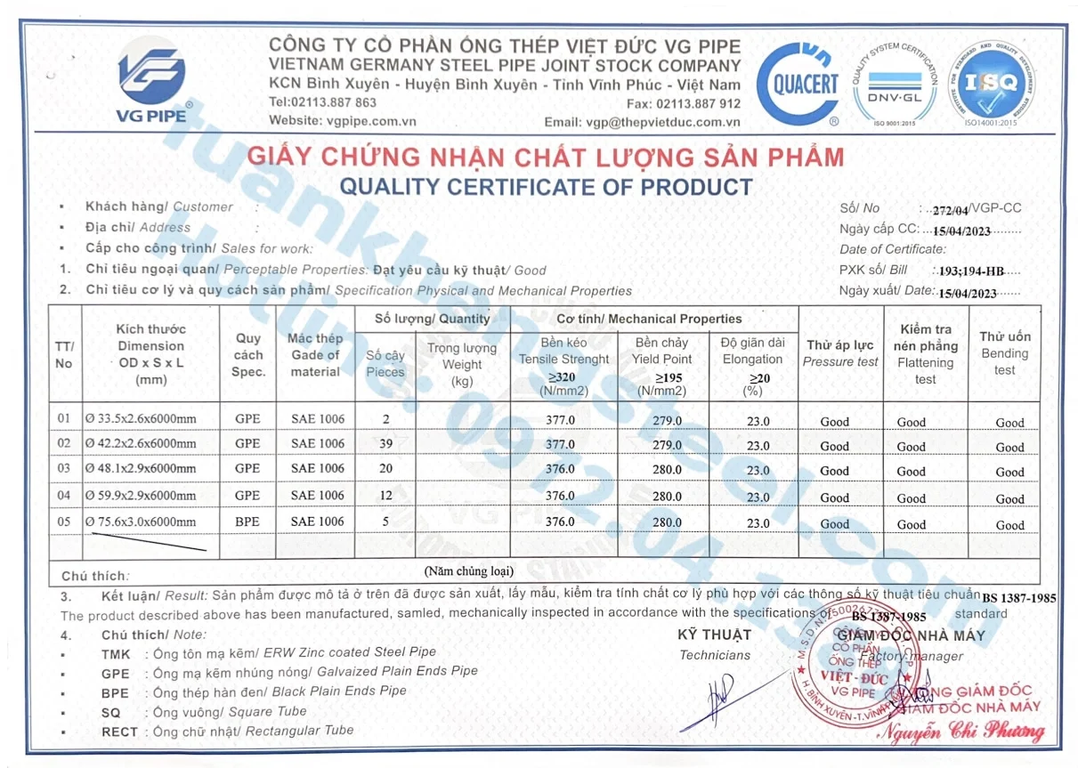 Chứng nhận chất lượng – Chứng chỉ xuất xưởng Ống thép, Hộp kẽm Việt Đức | Certificate Of Product Quality Viet Duc Pipe (VGS)