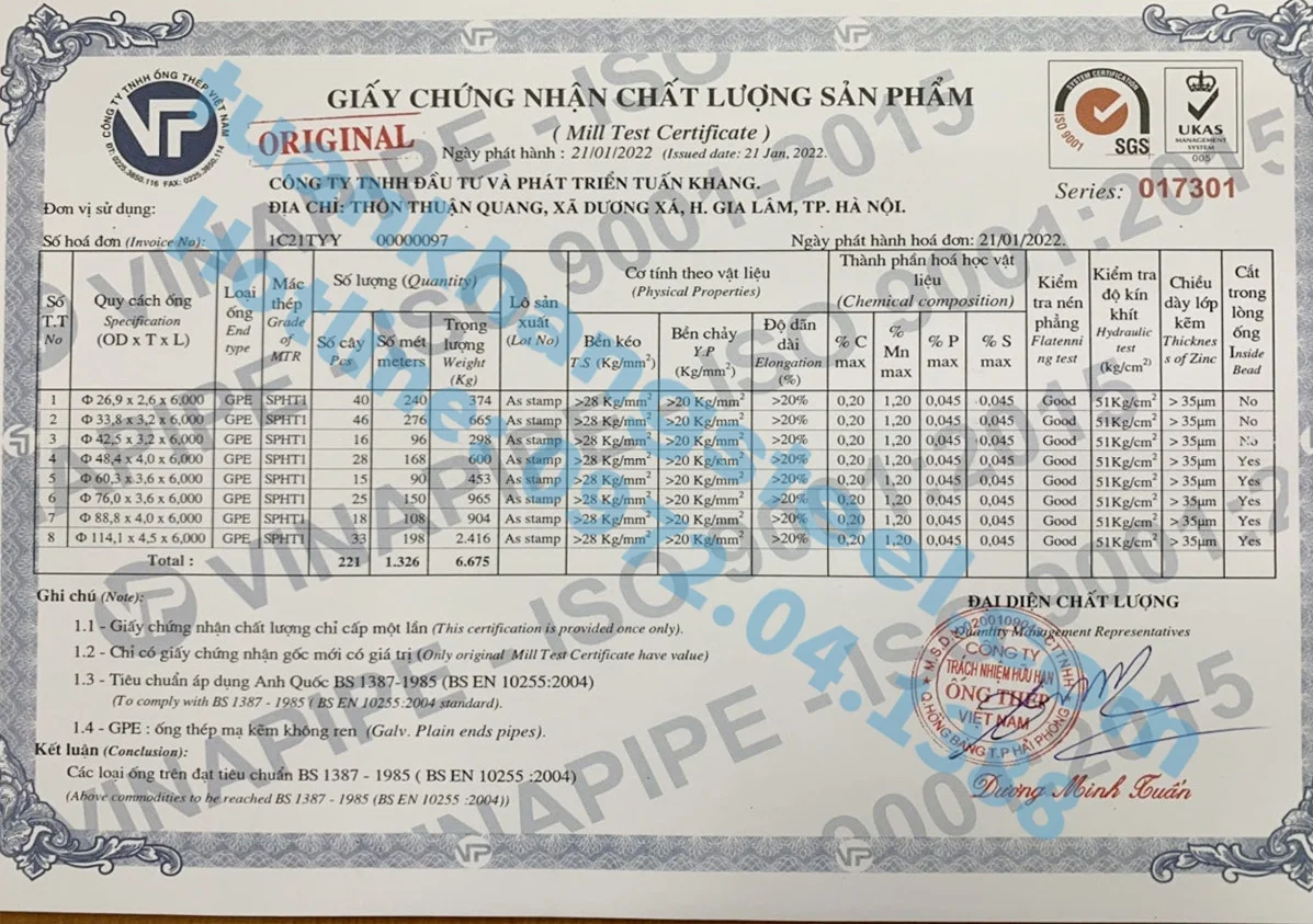 Chứng nhận chất lượng – Chứng chỉ xuất xưởng Ống thép Vinapipe | Certificate Of Product Quality Vinapipe