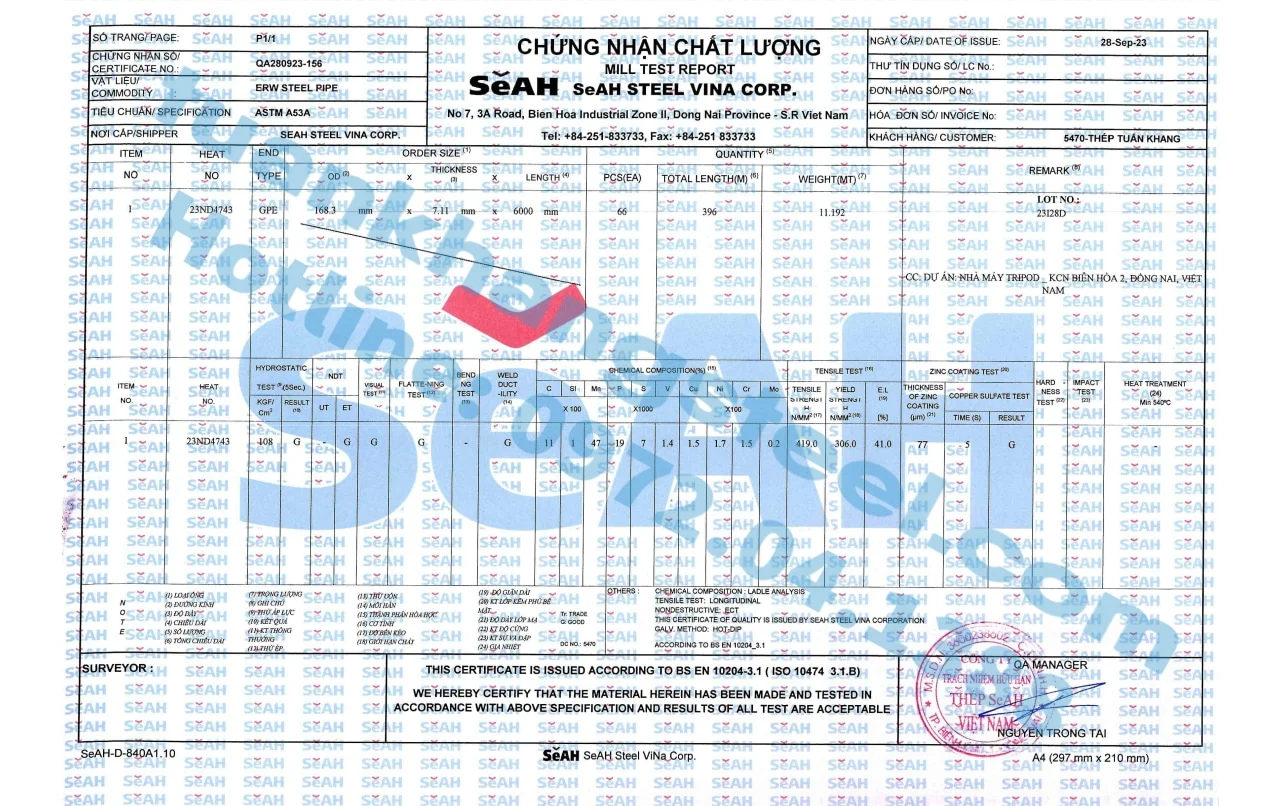 Chứng nhận chất lượng – Chứng chỉ xuất xưởng Ống thép SeAH | Certificate Of Product Quality SeAH
