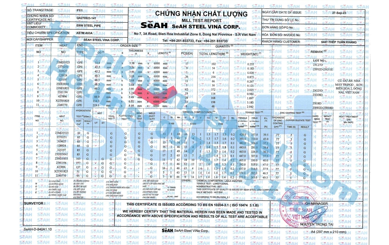 Chứng nhận chất lượng – Chứng chỉ xuất xưởng Ống thép SeAH | Certificate Of Product Quality SeAH