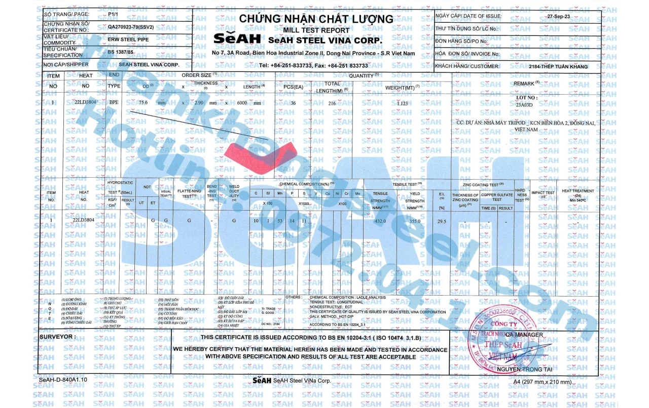 Chứng nhận chất lượng – Chứng chỉ xuất xưởng Ống thép SeAH | Certificate Of Product Quality SeAH