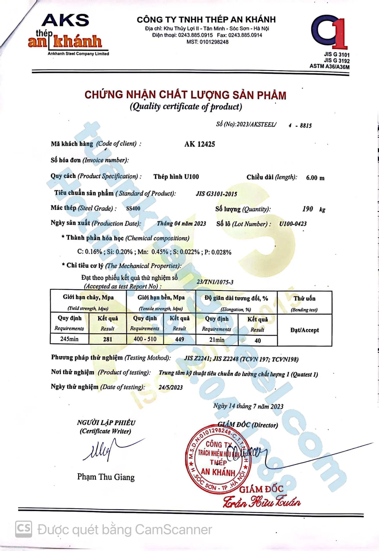 Chứng nhận chất lượng – Chứng chỉ xuất xưởng Thép hình An Khánh | Certificate Of Product Quality An Khanh steel (AKS)