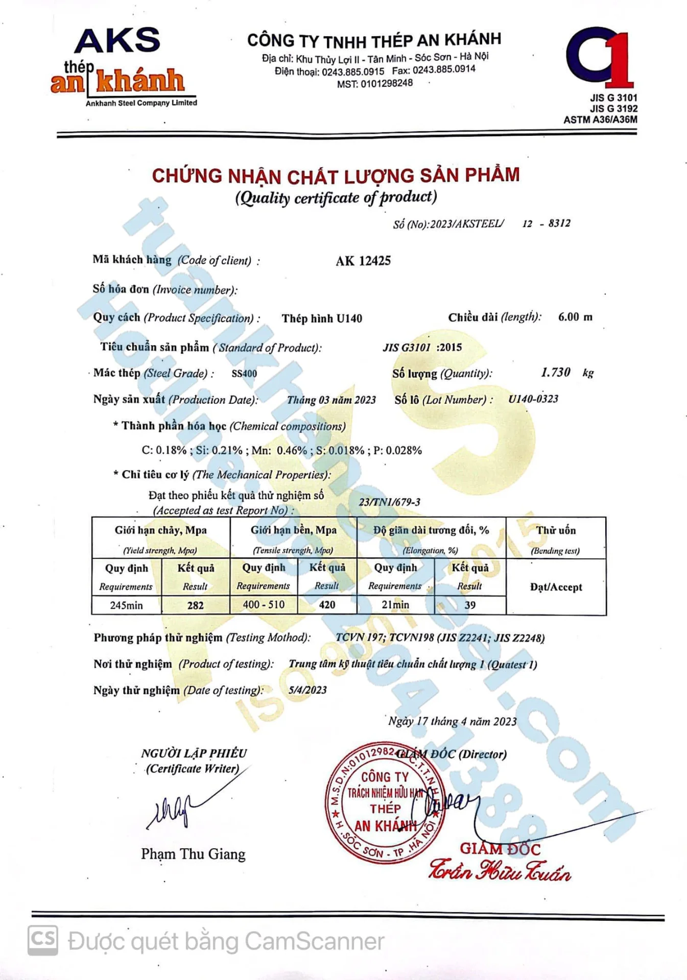 Chứng nhận chất lượng – Chứng chỉ xuất xưởng Thép hình An Khánh | Certificate Of Product Quality An Khanh steel (AKS)