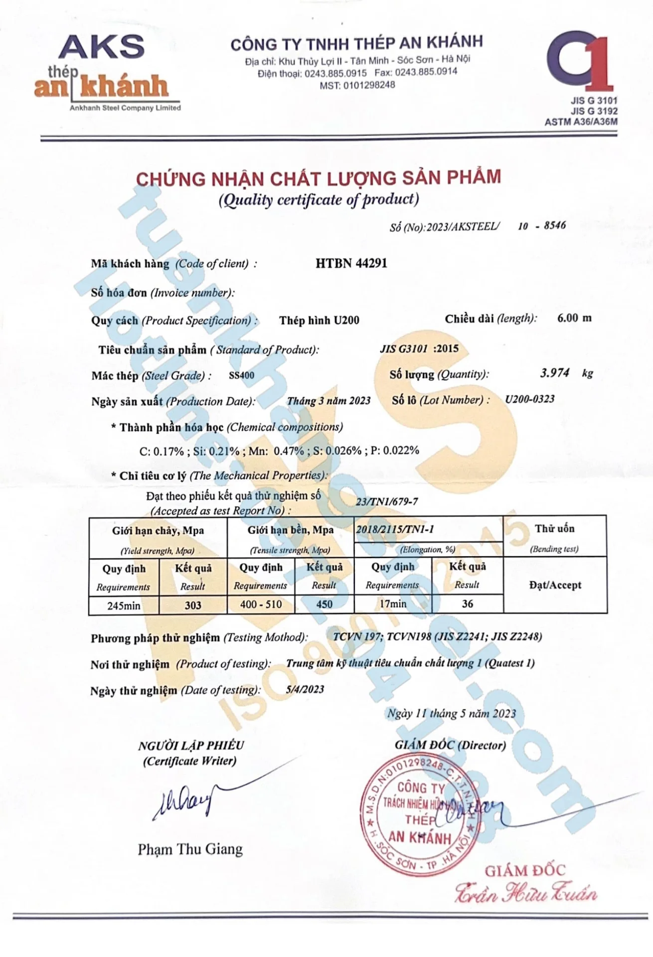 Chứng nhận chất lượng – Chứng chỉ xuất xưởng Thép hình An Khánh | Certificate Of Product Quality An Khanh steel (AKS)