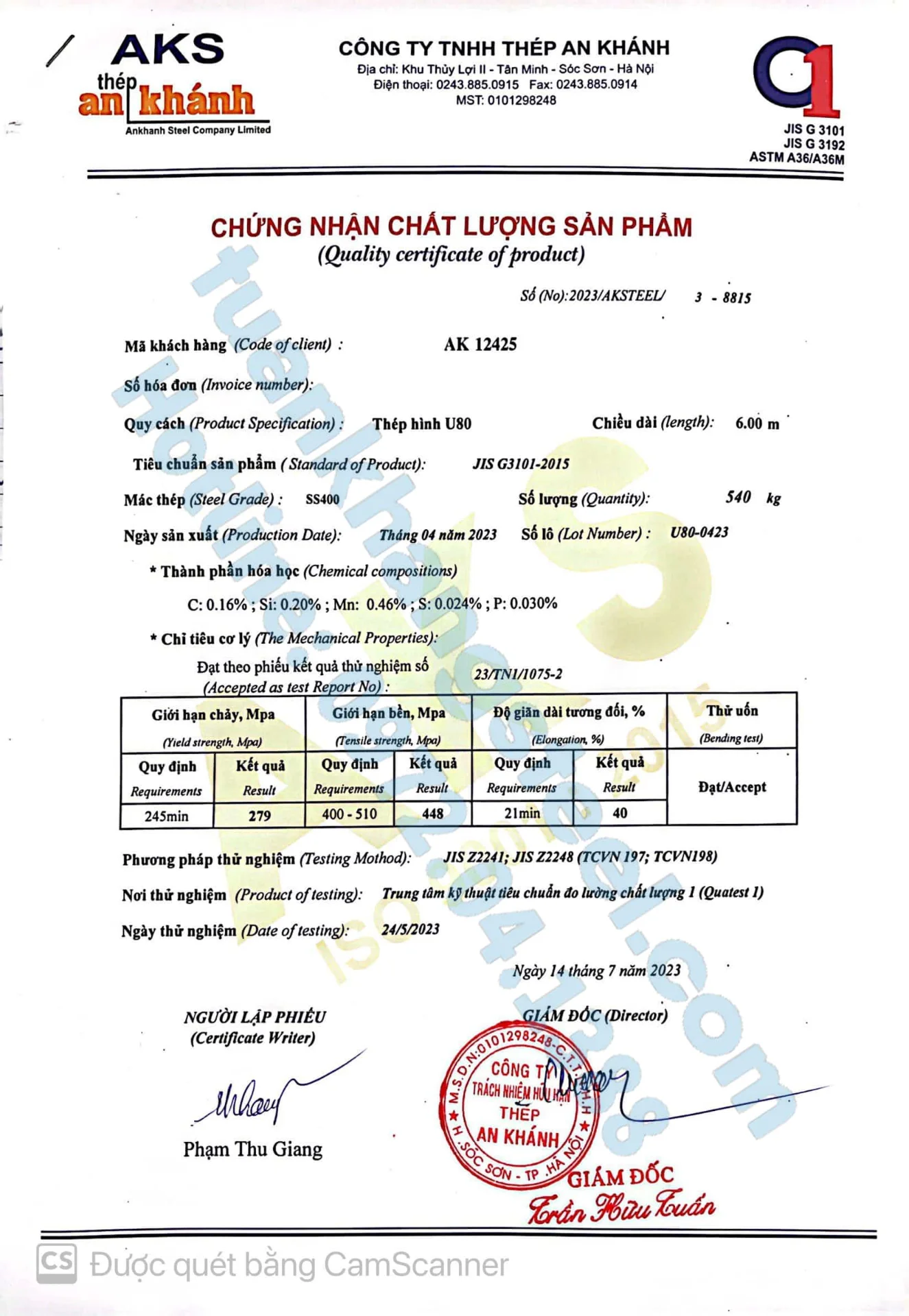 Chứng nhận chất lượng – Chứng chỉ xuất xưởng Thép hình An Khánh | Certificate Of Product Quality An Khanh steel (AKS)